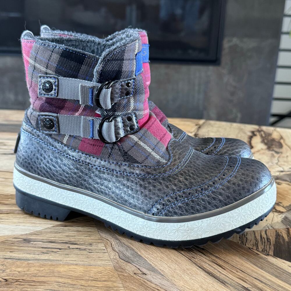 UGG Marias Plaid Waterproof Wool Lined Pull On Boots Pink & Gray, Women’s Size 6
